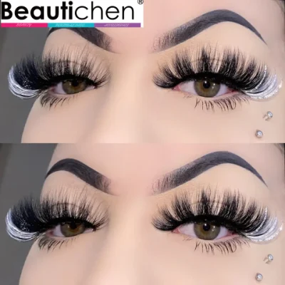 Beauticen 속눈썹 판매자 15-25mm 컬러 가짜 속눈썹 두꺼운 푹신한 밍크 속눈썹 빛나는 반짝이 3D 밍크 속눈썹이있는 전체 푹신한 극적인 자연 속눈썹